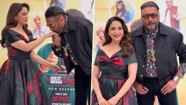 Jackie Shroff Kisses Madhuri Dixit’s Hand in Chivalrous Gesture, Their Reunion Evokes ’90s Bollywood Nostalgia (Watch Video)