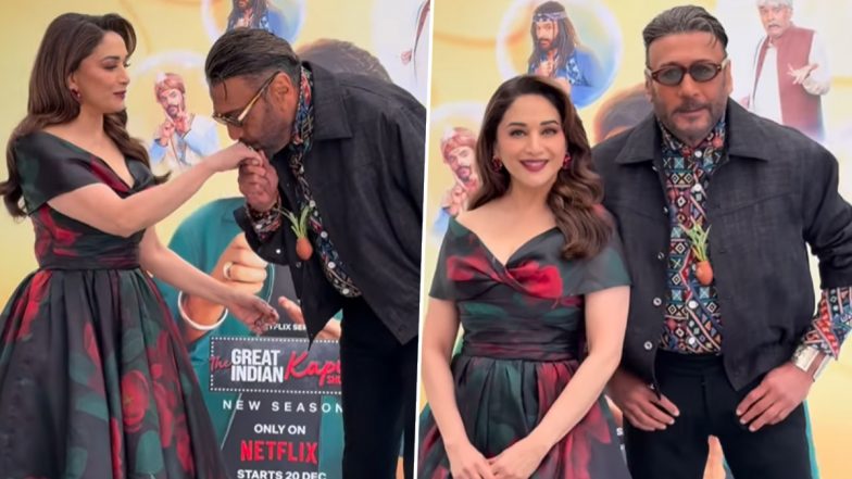 Jackie Shroff Kisses Madhuri Dixit’s Hand in Chivalrous Gesture, Their Reunion Evokes ’90s Bollywood Nostalgia (Watch Video)