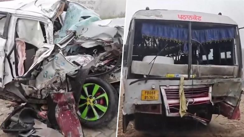 Punjab Road Accident: 4 Killed After Car Collides With Bus in Hoshiarpur Due to Poor Visibility (Watch Videos)
