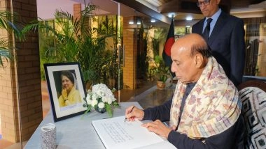 World News | Defence Minister Rajnath Singh Visit Bangladesh High Commission, Signs Condolence for Ex PM Khaleda Zia
