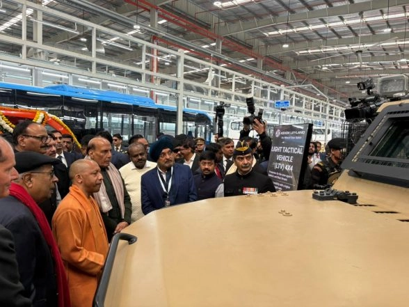 India News | Rajnath Singh Reviews Military Vehicles at Ashok Leyland's Facility, Emphasises Defence Production Push