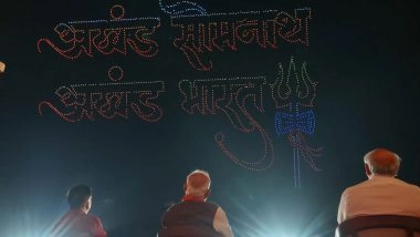 India News | Gujarat: PM Modi Witnesses Drone Show, Displaying the Grandeur and Divinity of Somnath