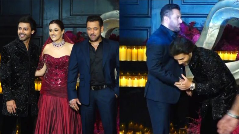 Salman Khan Attends Nupur Sanon and Stebin Ben’s Wedding Reception in Mumbai, Video Goes Viral (View Post)
