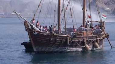 World News | Oman: INSV Kaundinya Receives Water Salute on Arrival in Muscat