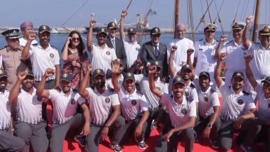World News | INSV Kaundinya Crew Celebrates as Vessel Docks in Muscat After Maiden Overseas Voyage