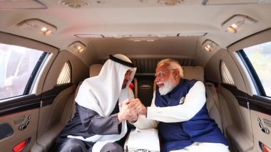 World News | PM Modi's Warm Airport Welcome for 'brother' Mohamed Bin Zayed: Hug, Greetings and Ride Together