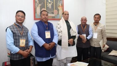 India News | Delhi: Meghalaya BJP Leaders Meet Rajnath Singh, Seek Resolution to Relocation of Dalit Sikh Community to Cantonment Area