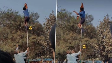 Chhattisgarh: Student Scales Flagpole After National Flag Gets Entangled During Republic Day Celebrations in Durg, Successfully Untangles Tricolour; Video Goes Viral