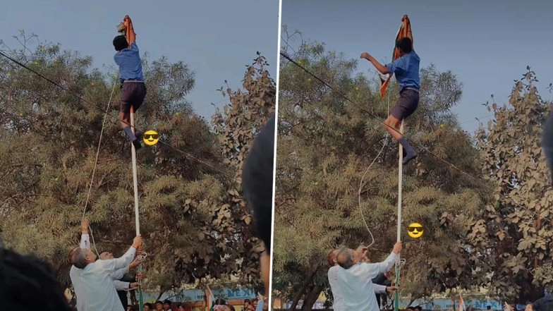 Chhattisgarh: Student Scales Flagpole After National Flag Gets Entangled During Republic Day Celebrations in Durg, Successfully Untangles Tricolour; Video Goes Viral
