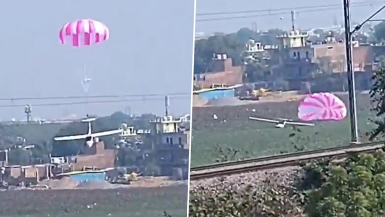 Prayagraj IAF Plane Accident: Live Video Shows Indian Air Force Pilots Deploying Parachute As Aircraft Lands Safely in Pond