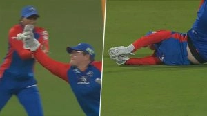 Lizelle Lee Catch Video: Watch Delhi Capitals Women Wicketkeeper Grab Sensational Diving Catch to Dismiss Amelia Kerr During MI-W vs DC-W WPL 2026 Match.