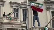 London: Protester Replaces Islamic Republic Flag at Iranian Embassy With Pre-1979 Lion and Sun Flag Amid Protests in UK (Watch Video)