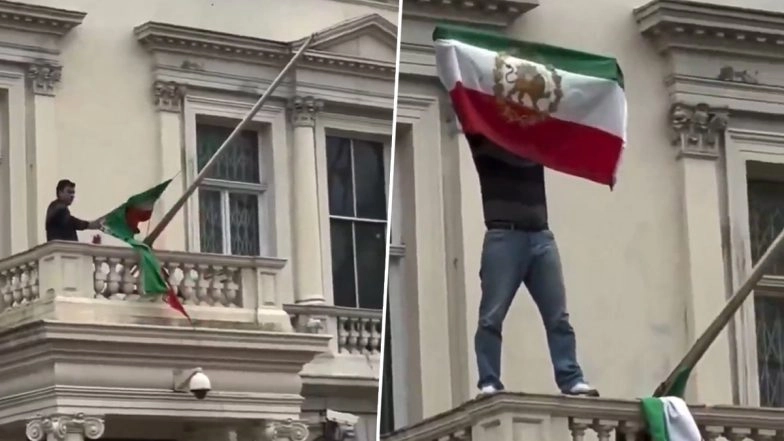 London: Protester Replaces Islamic Republic Flag at Iranian Embassy With Pre-1979 Lion and Sun Flag Amid Protests in UK (Watch Video)