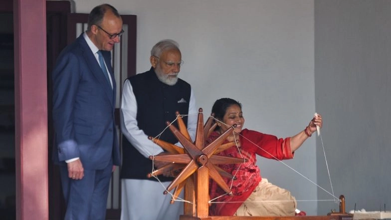 PM Narendra Modi, German Chancellor Friedrich Merz Observe Charkha Spinning at Sabarmati Gandhi Ashram in Gujarat (See Pics and Video)