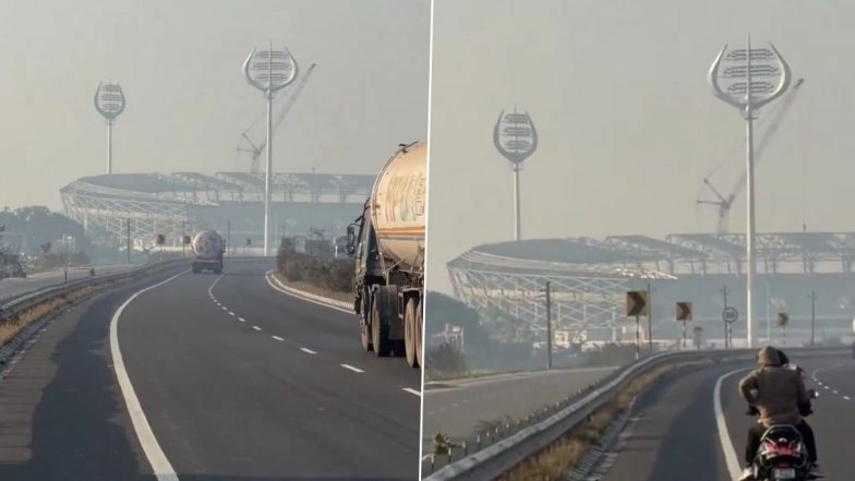 Trishul-Shaped Floodlights at Varanasi International Cricket Stadium Captivate Netizens As Video Goes Viral