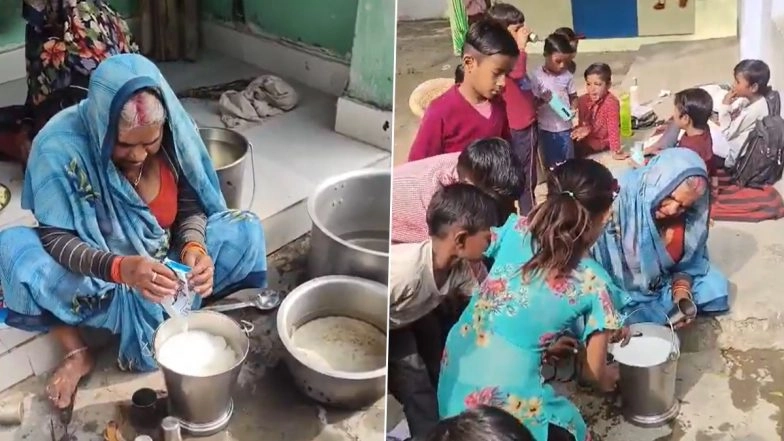 UP Shocker: 2 Half Litre Milk Packets Mixed in Bucket of Water, Served to Children Under Mid Day Meal in Mahoba; Video Surfaces