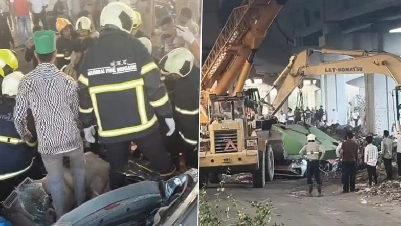 Wadala Horror: Cab Driver Crushed to Death After 40-Ton Iron Plate Falls on Ertiga on Eastern Freeway in Mumbai (Disturbing Video)