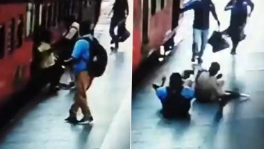 Heroic Act Caught on Camera: RPF Constable Saves Passenger From Slipping Under Moving Train at Vijayawada Railway Station, Video Goes Viral