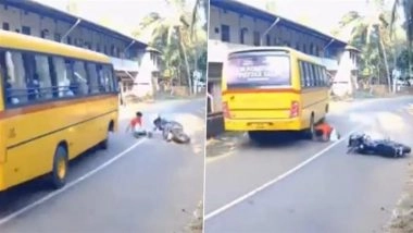 Kerala: Youth Has Narrow Escape After Bike Skids in Front of Moving Bus; Video Goes Viral