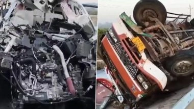 Bengaluru Road Accident: 7 Killed in Chain Collision Involving Car, Bike and Canter on Hoskote-Dabaspete National Highway in Karnataka (Watch Video)