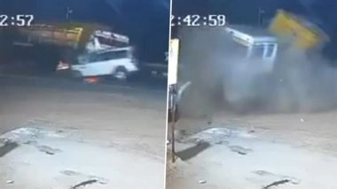 Bilaspur Accident Caught on Camera: Speeding Trailer Jumps Lane, 4 Killed as SUV Crushed in Midnight Horror on Raipur-Ratanpur Highway; Video Surfaces
