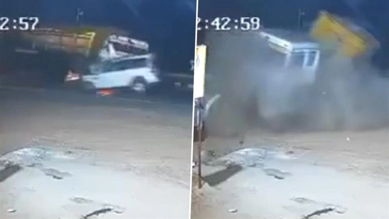 Bilaspur Accident Caught on Camera: Speeding Trailer Jumps Lane, 4 Killed as SUV Crushed in Midnight Horror on Raipur-Ratanpur Highway; Video Surfaces
