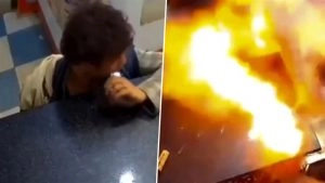 social-viral-Boy Bites Mobile Phone Battery, Triggers Sudden Explosion Inside Shop, Video Goes Viral