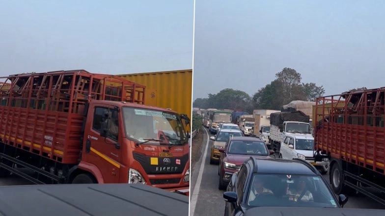 Mumbai-Pune Expressway Traffic Jam Continues After Tanker Overturned Near Adoshi Tunnel, Hundreds of Vehicles Seen Stuck (Watch Videos)