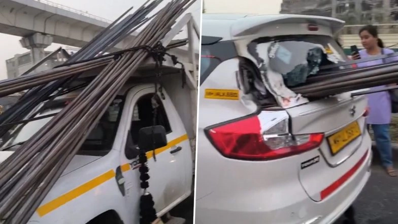 Pune Shocker: Iron Rods From Tempo Pierce Windshield of Cab Near Wakad on Mumbai-Bengaluru Highway, No Casualties Reported (Watch Video)