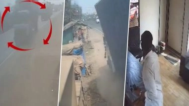 Valsad Accident Caught on Camera: Man Crushed to Death After Container Falls Off Moving Truck in Gujarat; Video Surfaces