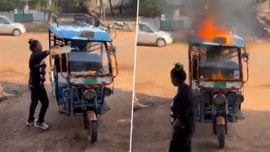 Shivpuri: Woman Sets E-Rickshaw on Fire Outside Showroom After Firm Refuses Repair, Video Goes Viral