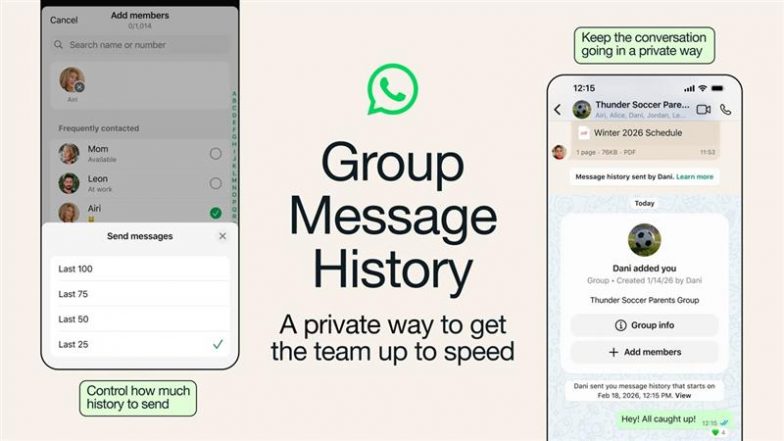 WhatsApp Group Message History: Meta-Owned Platform Launches New Feature for Admins To Securely Share up to 100 Past Messages With New Joiners