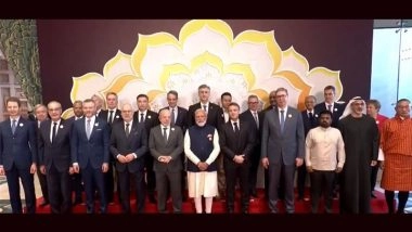 PM Narendra Modi Poses With Global Tech Leaders Including Sam Altman and Sundar Pichai at AI Impact Summit (Watch Videos)