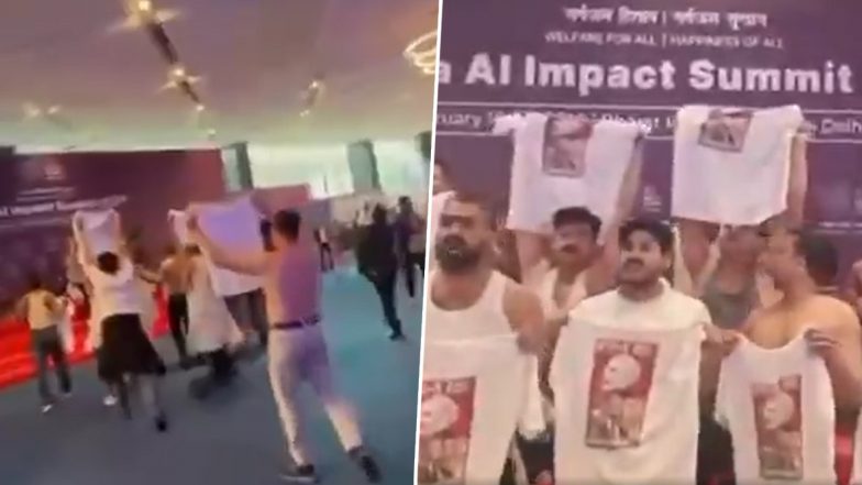 AI Impact Summit 2026: Youth Congress Stages ‘Shirtless’ Protest Stunt Against PM Narendra Modi at Bharat Mandapam in Delhi, BJP Slams (See Pics and Video)