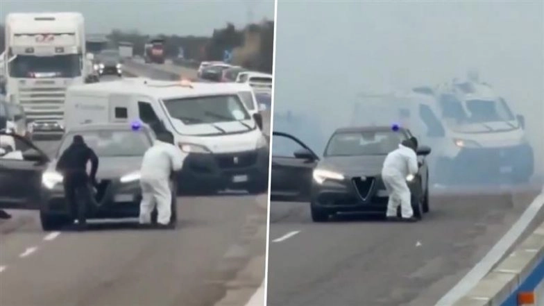 Robbery Bid Caught on Camera in Italy: Armed Robbers Attack Cash-in-Transit Van With Explosives on Highway, Video Surfaces