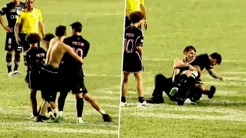 Lionel Messi Escapes Unhurt After Being Knocked Down By Fan During Pitch Invasion Between Inter Miami and Independiente del Valle Club Friendly Match (Watch Video)