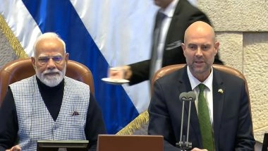 World News | PM Modi Receives Standing Ovation at Knesset, 'Modi, Modi' Chants Echo in Israeli Parliament