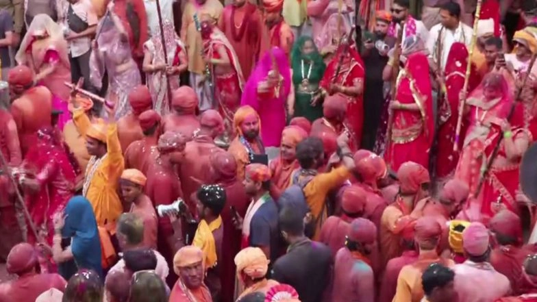 India News | Festival of Colours, Joy and Sticks: Lathmar Holi Begins at Barsana and Mathura