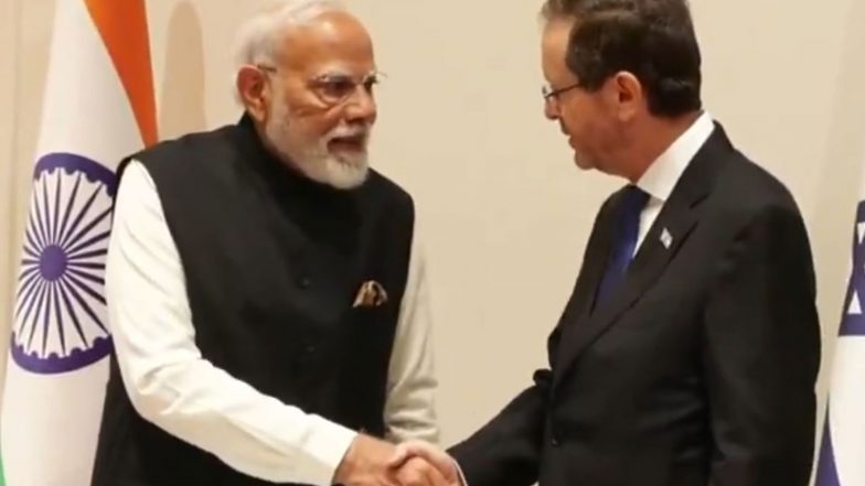 World News | PM Modi Meets Israeli President Isaac Herzog as Part of His State Visit; Plants Sapling