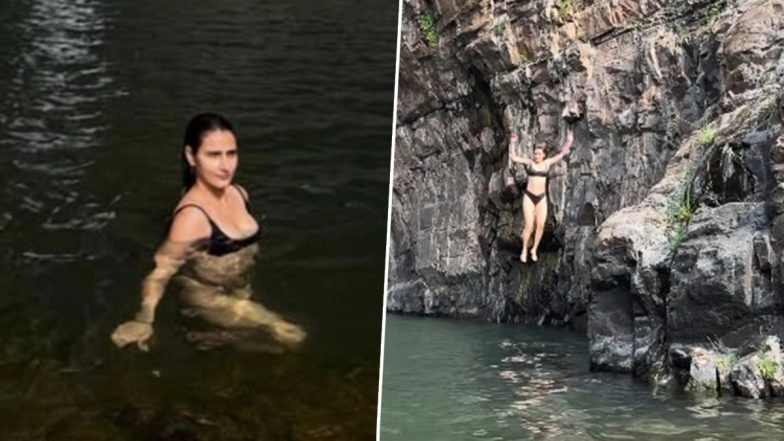 &lsquo;Bas Kood Jaao&rsquo;: Bikini-Clad Fatima Sana Shaikh Jumps off Cliff Into Water, &lsquo;Dangal&rsquo; Actress Shocks Fans and Celebs With Daring Stunt (Watch Video)