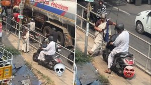 social-viral-Viral Video From Kerala: Elderly Woman Blocks Scooter on Footpath Near Eranhipalam Signal in Kozhikode