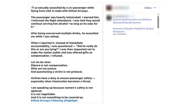 Miss Environment India 2025 Alleges S*xual Harassment on Etihad Airways Flight From US to India, Says Rejected Gifts Offered As Compensation