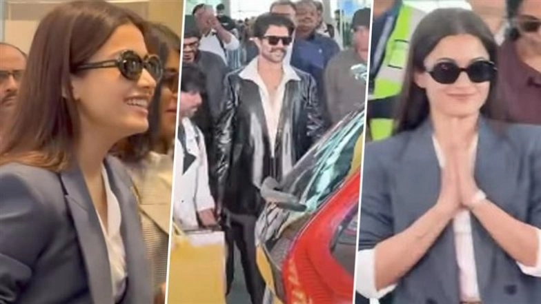 VIROSH Wedding: Power Dressing by Rashmika Mandanna and Vijay Deverakonda at Airport in Coordinated B/W Outfits (Watch Video)