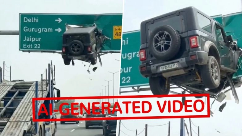 Did a Thar Crash Into an Overhead Signboard in New Delhi? Viral Video Is AI Reel