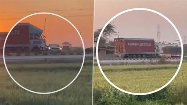 Madhya Pradesh Hit-and-Drag: Truck Drags Car Carrying SAF Officer for 1.5 Km on Gwalior-Dabra Highway, Shocking Video Surfaces