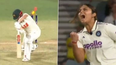 Sayali Satghare Fiery Celebration Goes Viral After Debutant Knocks Over Georgia Voll During IND-W vs AUS-W One-Off Test 2026 (Watch Video)