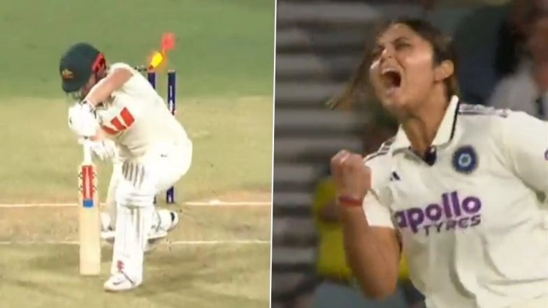 Sayali Satghare Fiery Celebration Goes Viral After Debutant Knocks Over Georgia Voll During IND-W vs AUS-W One-Off Test 2026 (Watch Video)
