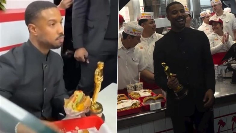 Michael B Jordan Celebrates Oscars 2026 Best Actor Win at In-N-Out Burger Joint With Trophy in One Hand; Videos Go Viral &ndash; WATCH