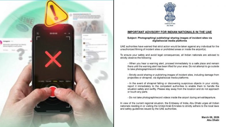 Indian Embassy Issues Advisory for Indians in UAE, Warns Against Filming Airports, Government Sites and Other Sensitive Locations Amid Iran War