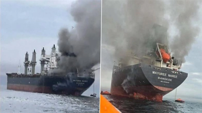 India-Bound Thai Cargo Ship Mayuree Naree Attacked in Strait of Hormuz; 23 Crew Evacuated After Onboard Fire (See Pics)